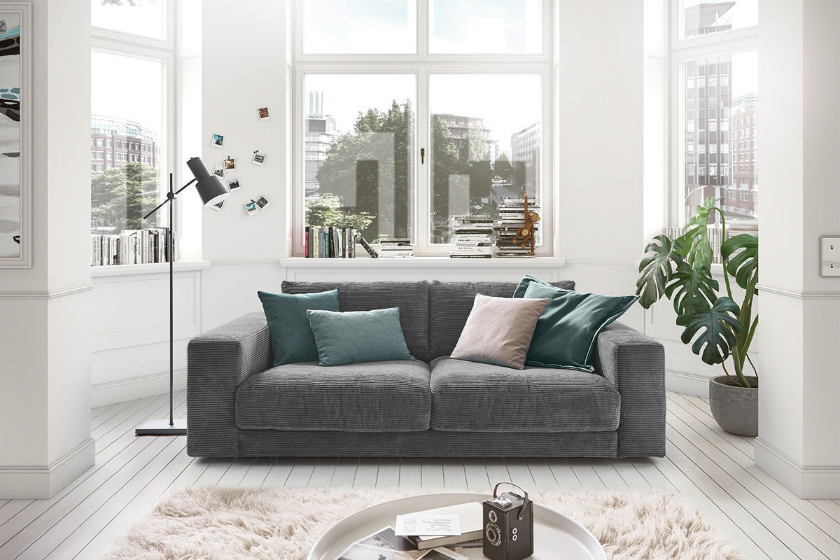 SOFA 2-SITZER MADELINE Grau Cord - Schwarz/Grau, Kunststoff/Textil (230/85/127cm) - KAWOLA