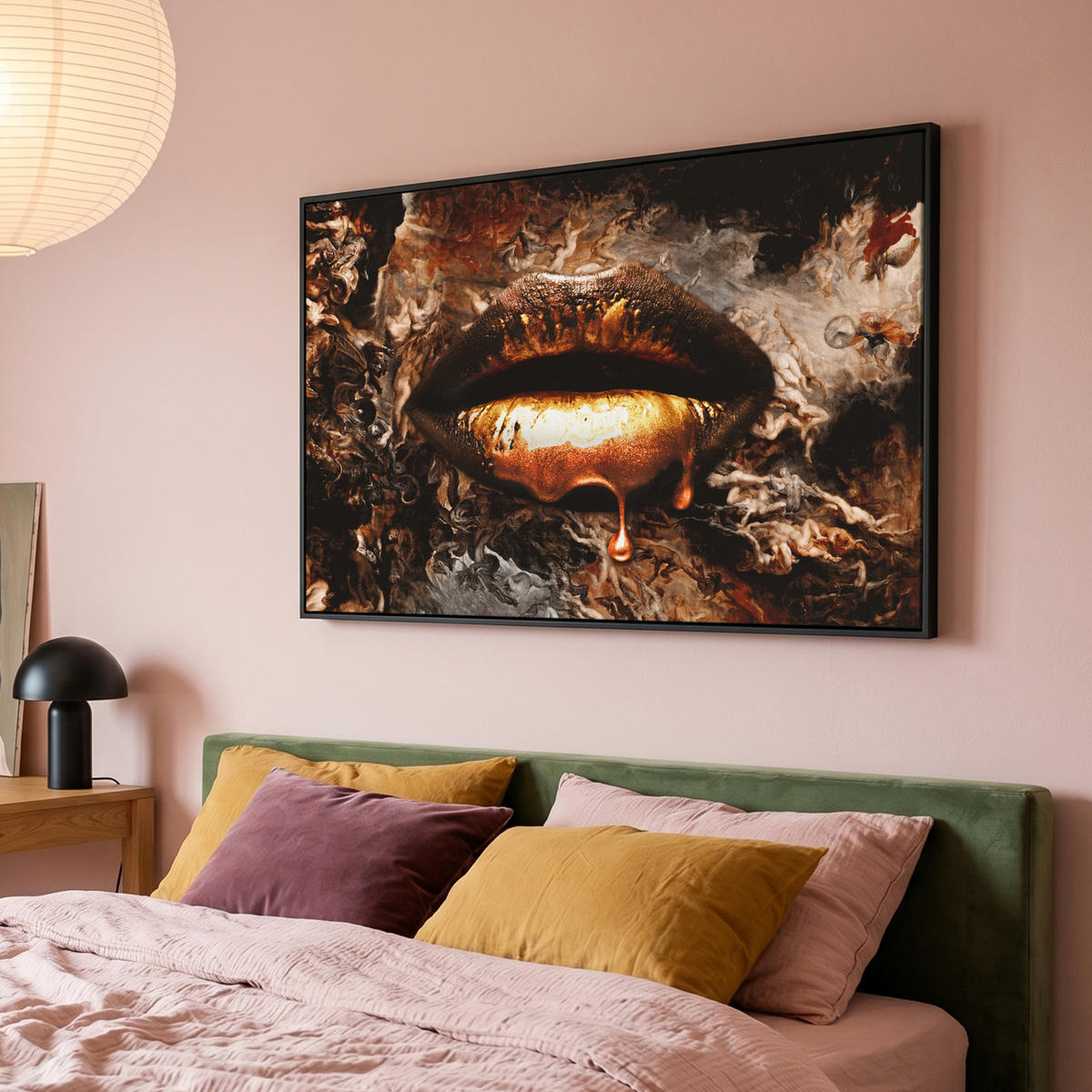 LEINWAND Bilder mit Rahmen - Gold - Lippen - Kunst - Gold - Luxus - Abstrakt - 140x90 - Kupferfarben, Textil (140/90cm) - MuchoWow