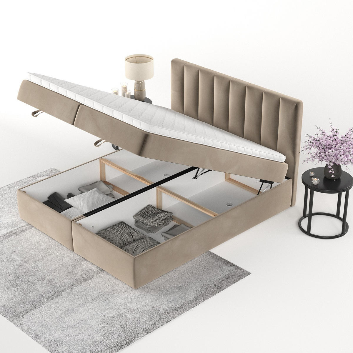 BOXBETT Lusso 200/200 cm Taupe im Paros Stoff - Taupe/Schwarz, Holz/Holzwerkstoff (200/200cm) - AltaBeds