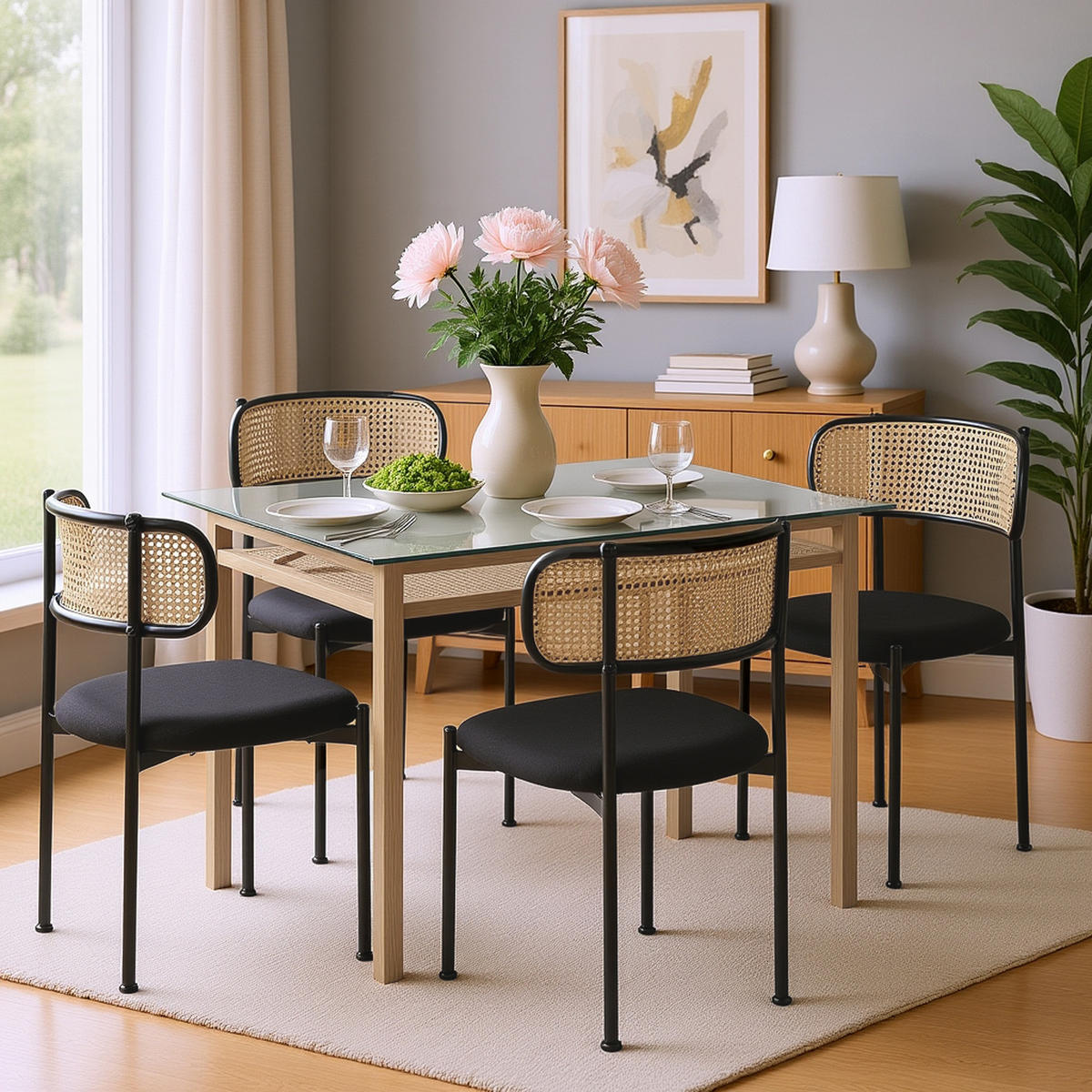 ESSTISCH SET mit Esstisch aus Glas und 4 Rattan stühle - Schwarz, Glas/Textil (110/74/65cm) - Urban Meuble