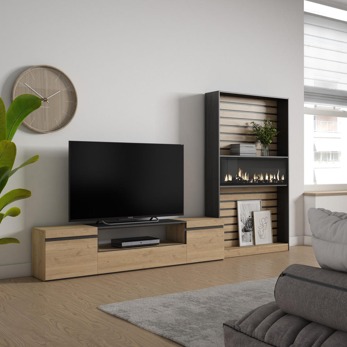 WOHNWAND Wohnzimmer, eiche, schwarz, Elektrokamin,, 310/35/186cm - Eichefarben/Beige, Holzwerkstoff (310/186/35cm) - Skraut Home
