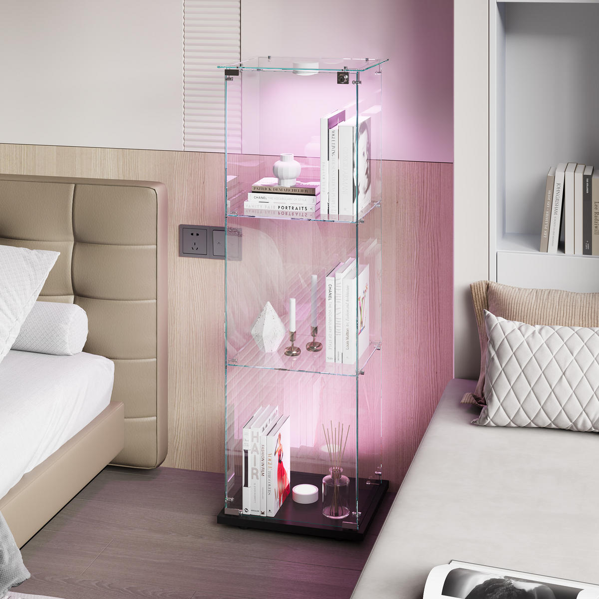 GLASVITRINE Mit LED, 3 Regale, Schloss, Glas-Schrank Für Wohnzimmer - Schwarz, Holz (35/123.3/39.8cm)