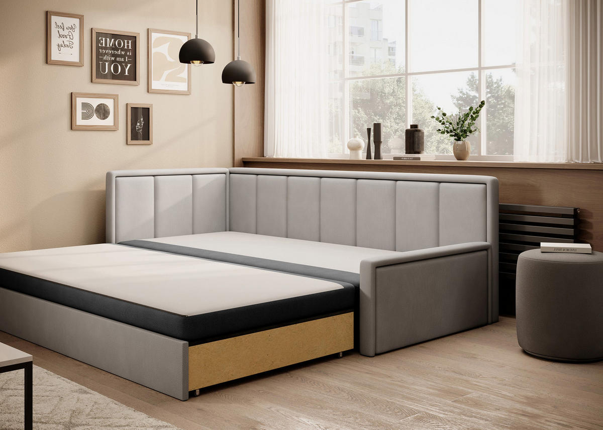 SCHLAFSOFA FULGEO mit Schlaffunktion & Bettkasten – Modernes 3-Sitzer Sofa, Liegefläche 200 x 150 cm - Grau, Kunststoff (214/82/77cm) - Wohnideebilder
