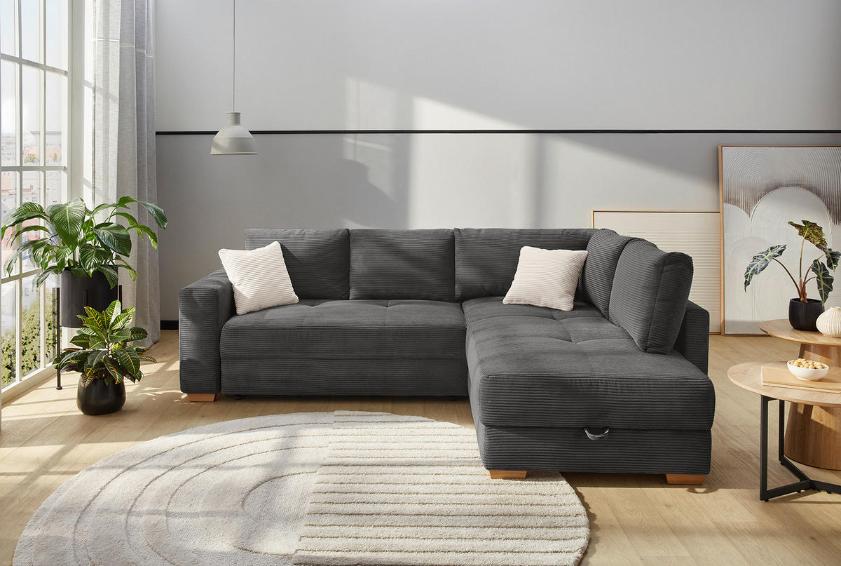 ECKSOFA-DAUERSCHLÄFER Boxspring Federkern Topper Bettkasten, seitenverkehrt montierbar B257/T206/H85 cm, Cord Grau Anthrazit / 15211 - Schieferfarben/Eichefarben, Holz/Textil (257/206cm) - luma-home