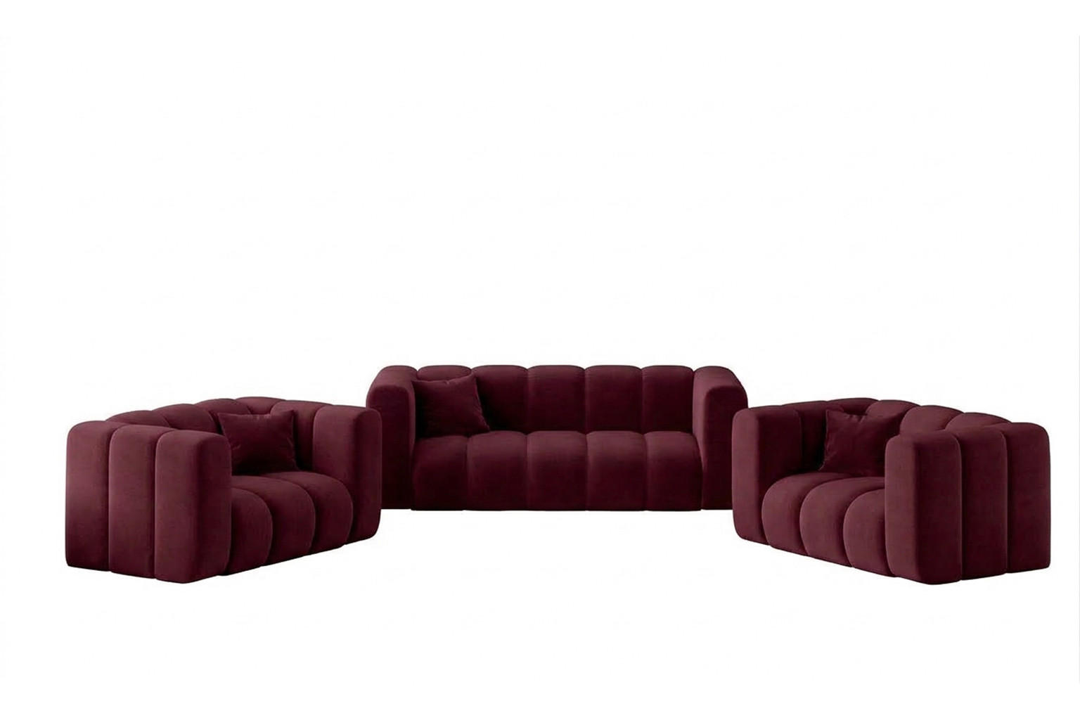 POLSTERMÖBEL-SET Modulares 2+1+1, Velvet-Stoff Riviera, Rotwein, GRAND - Dunkelrot, Holz (197/70/89cm) - Kaiser Möbel