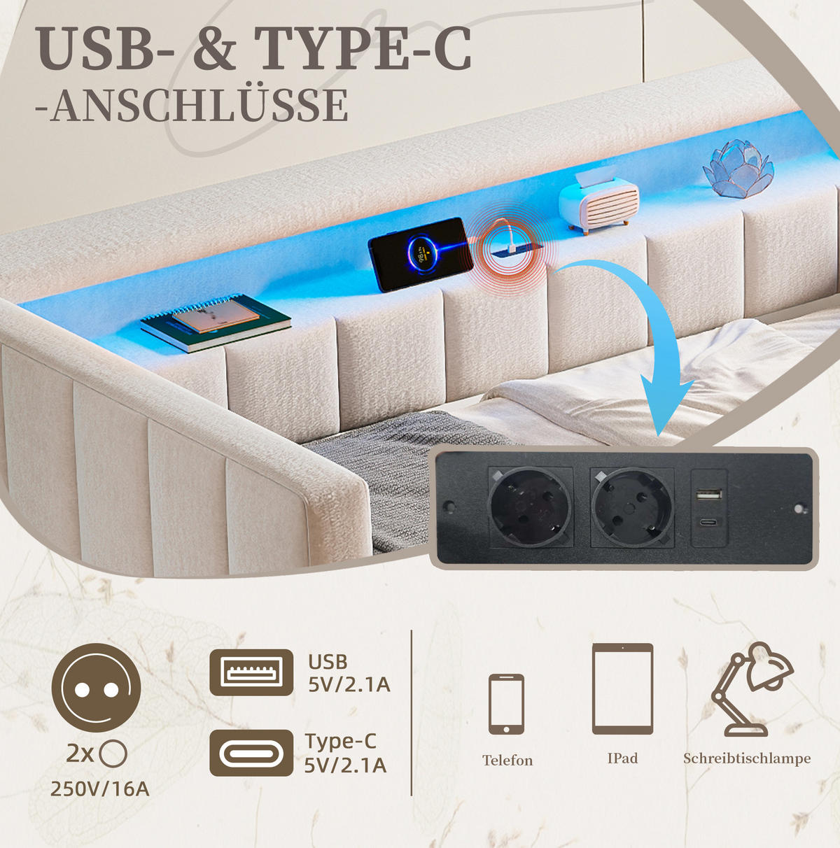 RAZTEGLJIVA postelja iz žameta 90x190 cm bež z LED osvetlitvijo, USB-Type-C in predalom - bež, tekstil (90/190cm) - Modfu