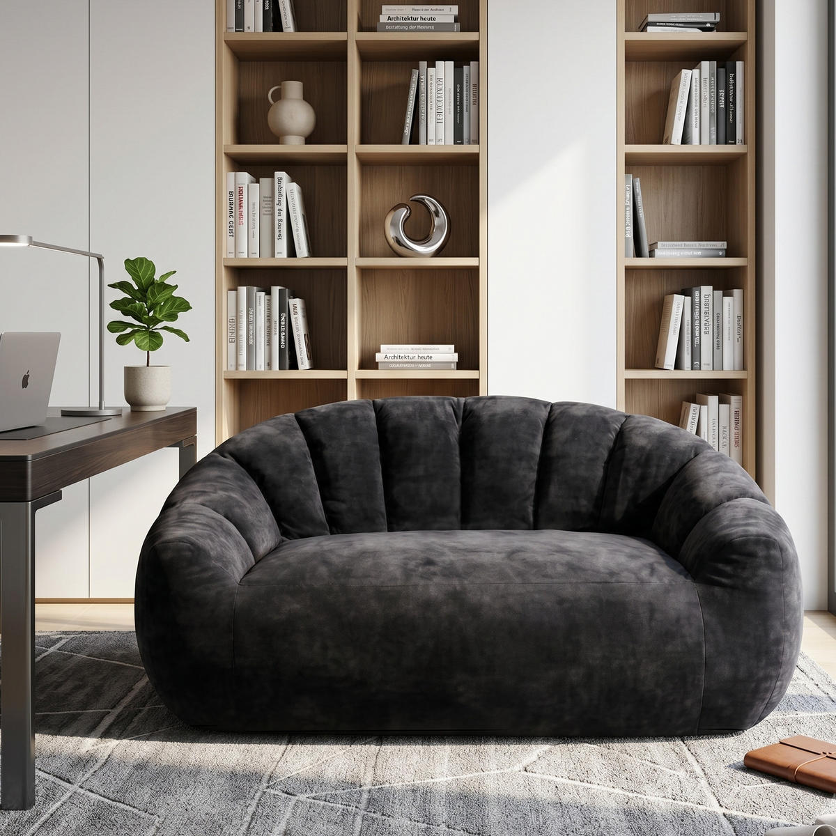 2-SITZER SOFA aus Flanell mit skulpturaler Wellen-Rückenlehne - Schwarz, Textil (140/61/98cm) - Urban Meuble