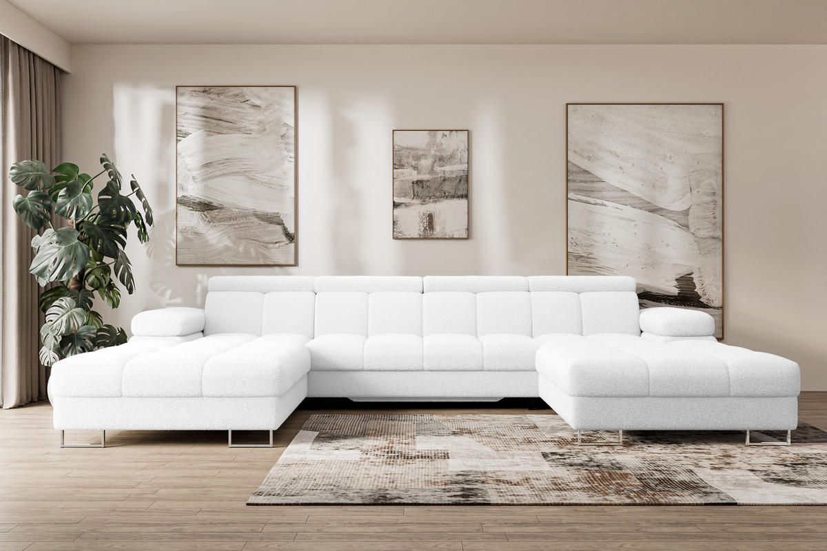 WOHNLANDSCHAFT mit Schlaffunktion und Bettkasten COMA U2 345x203x79 Weiß Bouclé - Weiß, Holzwerkstoff/Textil (345/79/203cm) - ALTDECOR