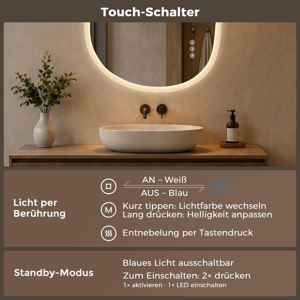 BADSPIEGEL mit Beleuchtung 70/50 cm asymmetrisch rahmenlos LED dimmbar mit Antibeschlag - Transparent, Glas (50/70/2.5cm) - S'AFIELINA