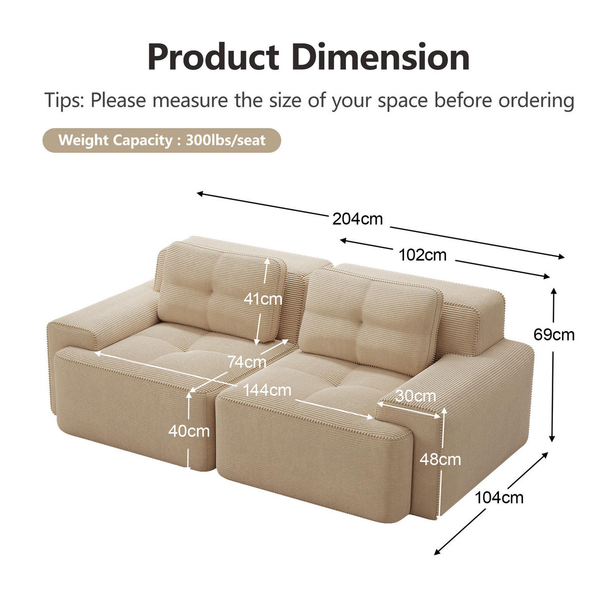2-SITZER SOFA cord beige modular & extra tiefer sitz - Beige, Textil (204/69/104cm) - Urban Meuble