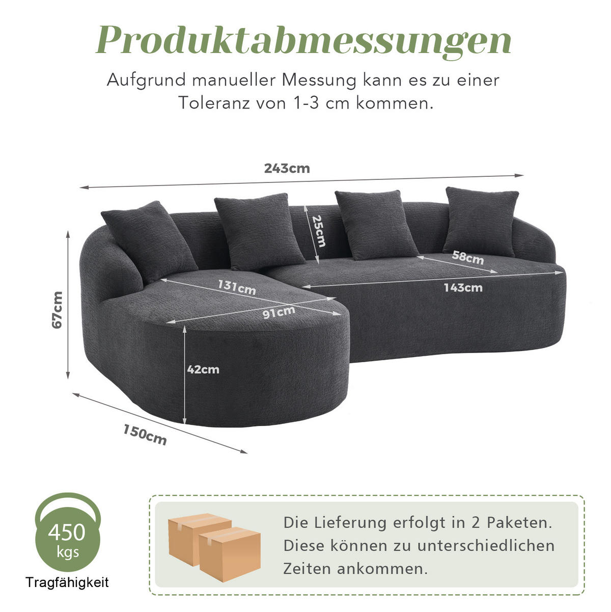 SOFA 3-Sitzer bogenförmig Chenille Dark Grey - Dunkelgrau, Textil (150/243cm) - Meubliv