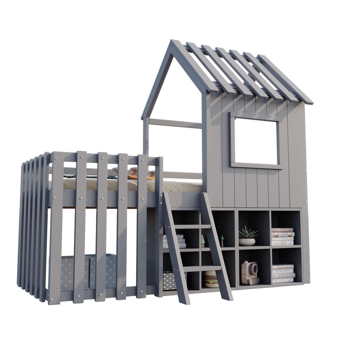 KINDERBETT 90/200 cm in Grau Massivholz mit Stauraum und Hausbett-Design - Grau, Holz/Holzwerkstoff (90/200cm) - WISHDOR