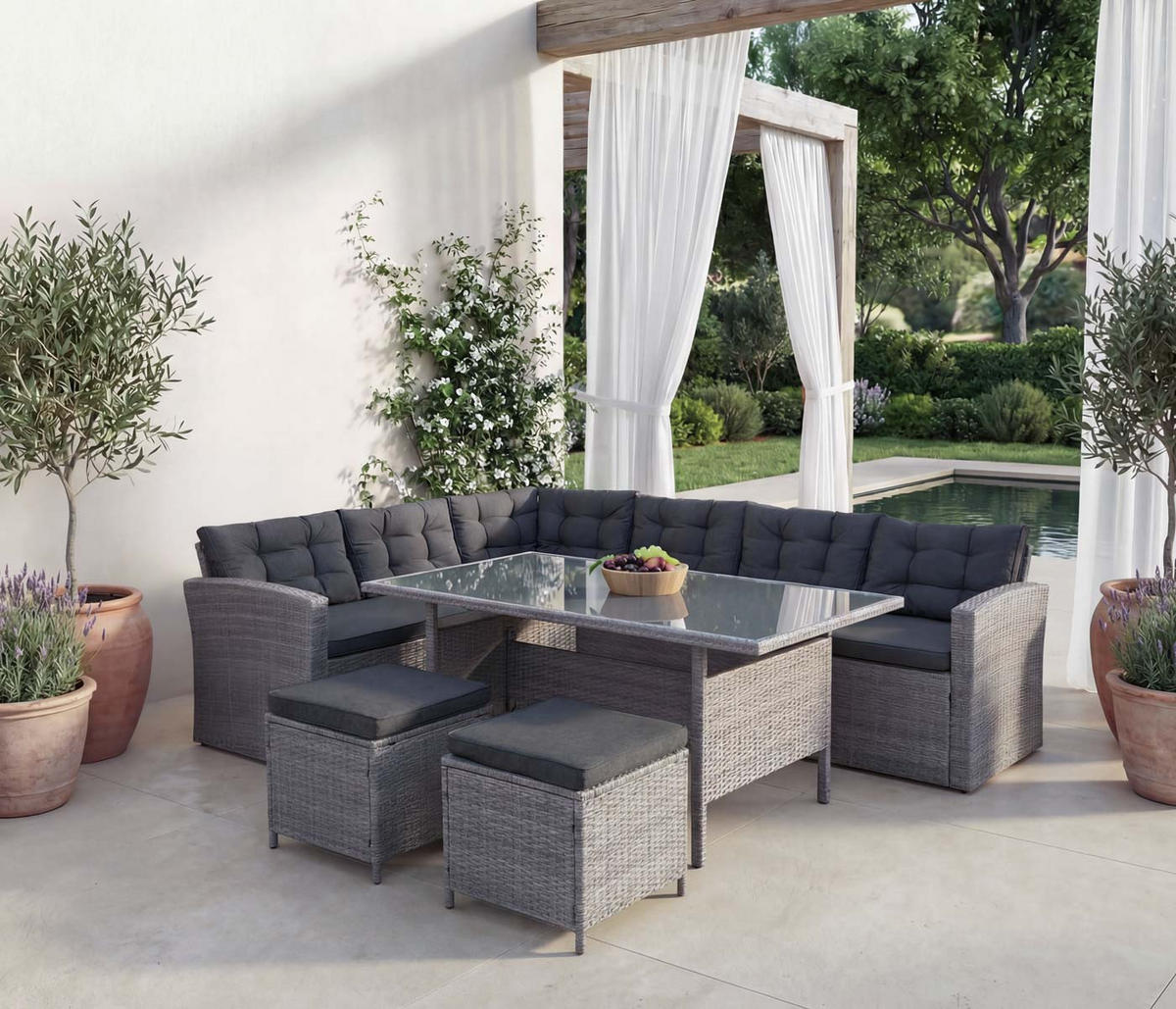 POLY-RATTAN-GARNITUR Grau - Grau, Kunststoff - MCW