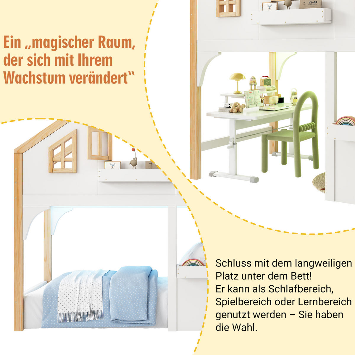 HOCHBETT aus Kiefer 90x200 cm Weiß mit LED, Stauraumtreppe und Fensterdetail - Weiß, Holzwerkstoff (90/200cm) - Modfu