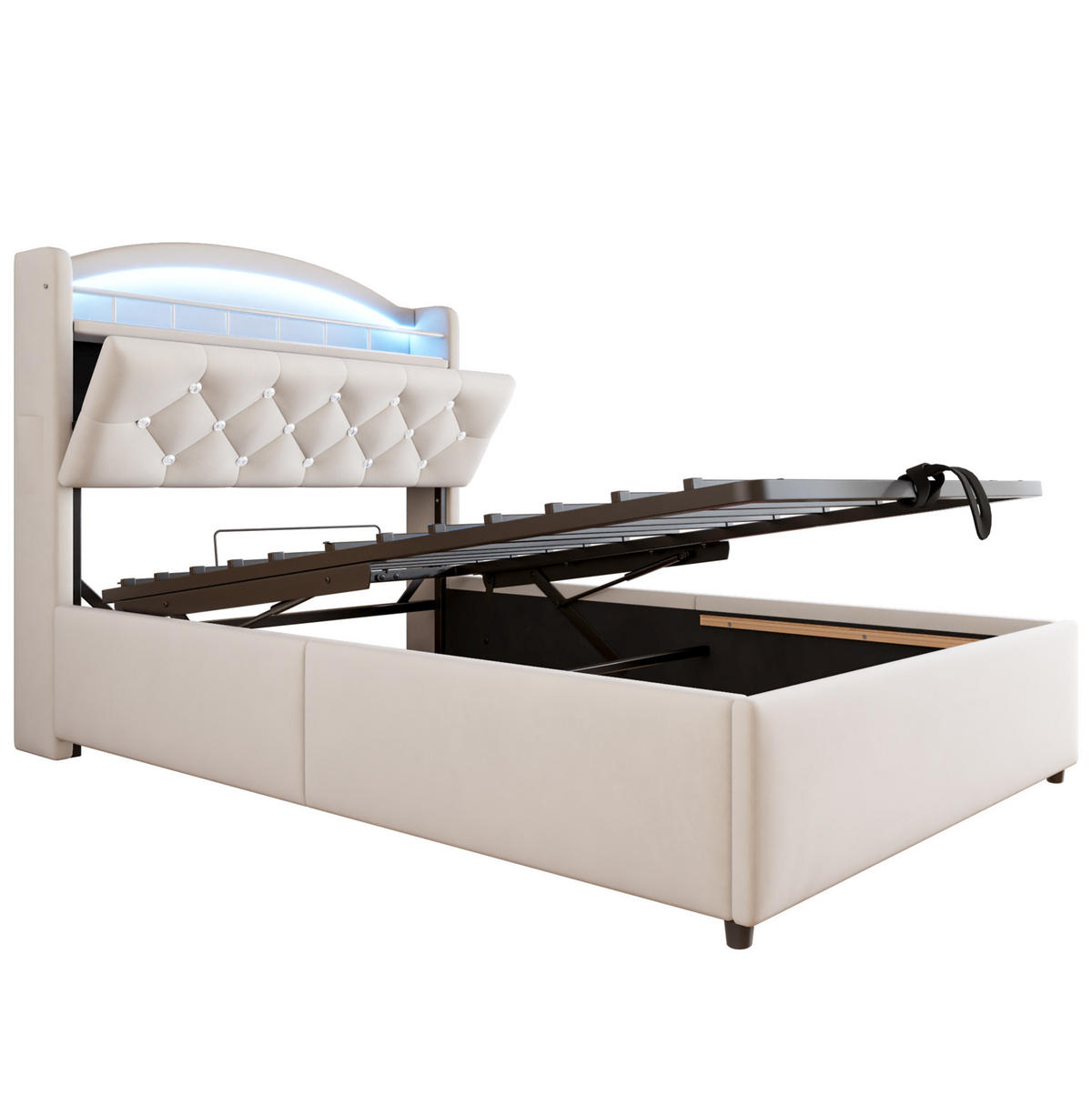 POLSTERBETT Kinder 90/200 cm Beige mit Stauraum, LED und USB-Anschlüssen - Beige, Textil (90/200cm) - OKWISH