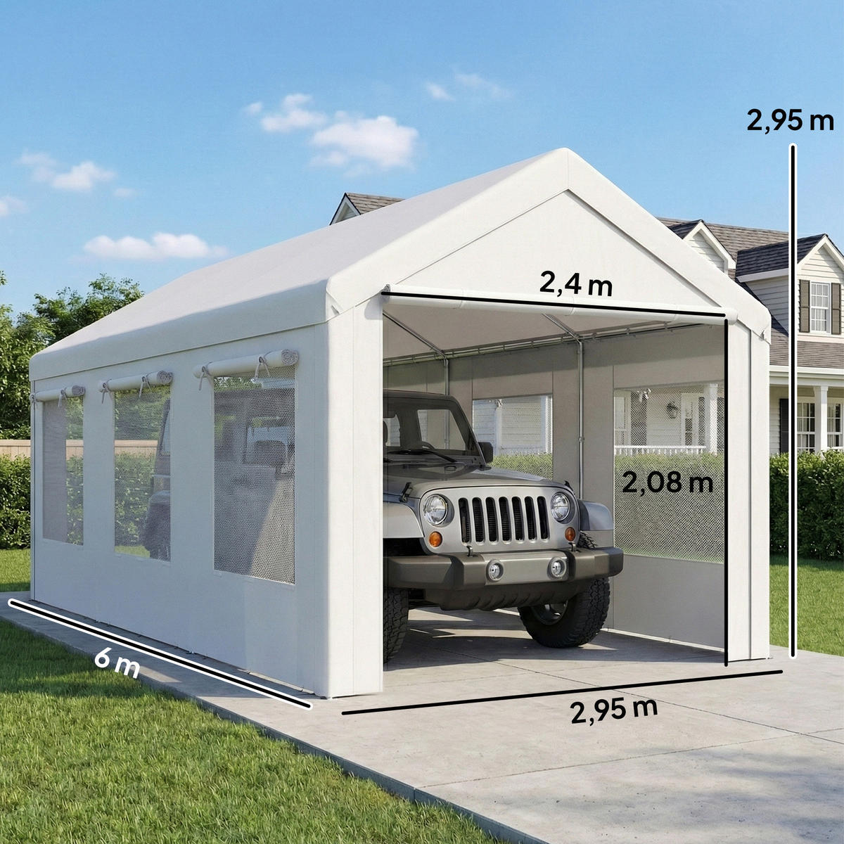 CARPORT DE-12739 300/600 cm UV30+ höhenverstellbar mit 6 Fenstern und Moskitonetz Weiß - Weiß, Metall (295/295/600cm) - ComfortXL