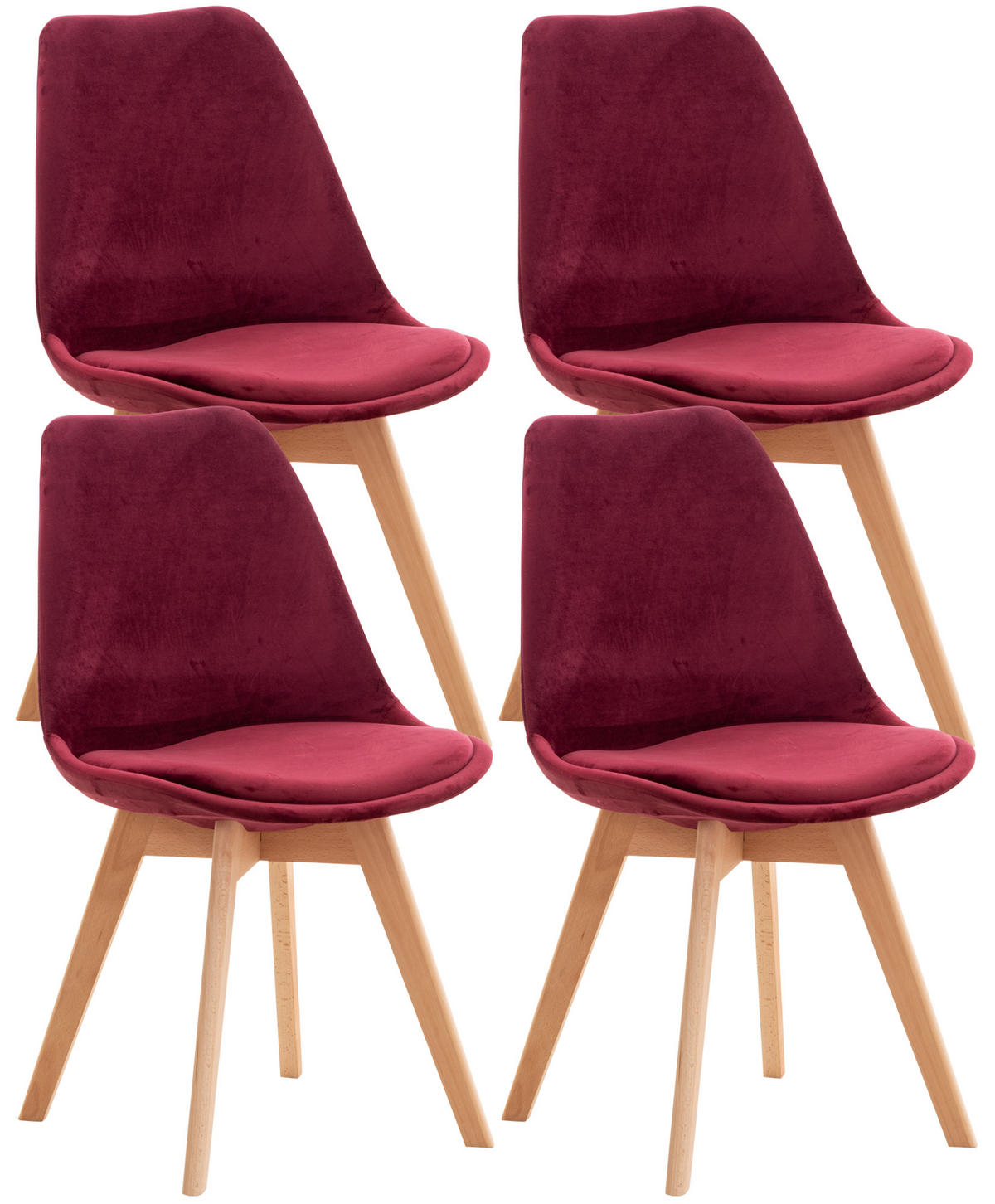 STUHL 4er Set Samt bordeauxrot - Eukalyptusholzfarben/Bordeaux, Holz/Textil (49/83/50cm) - CLP