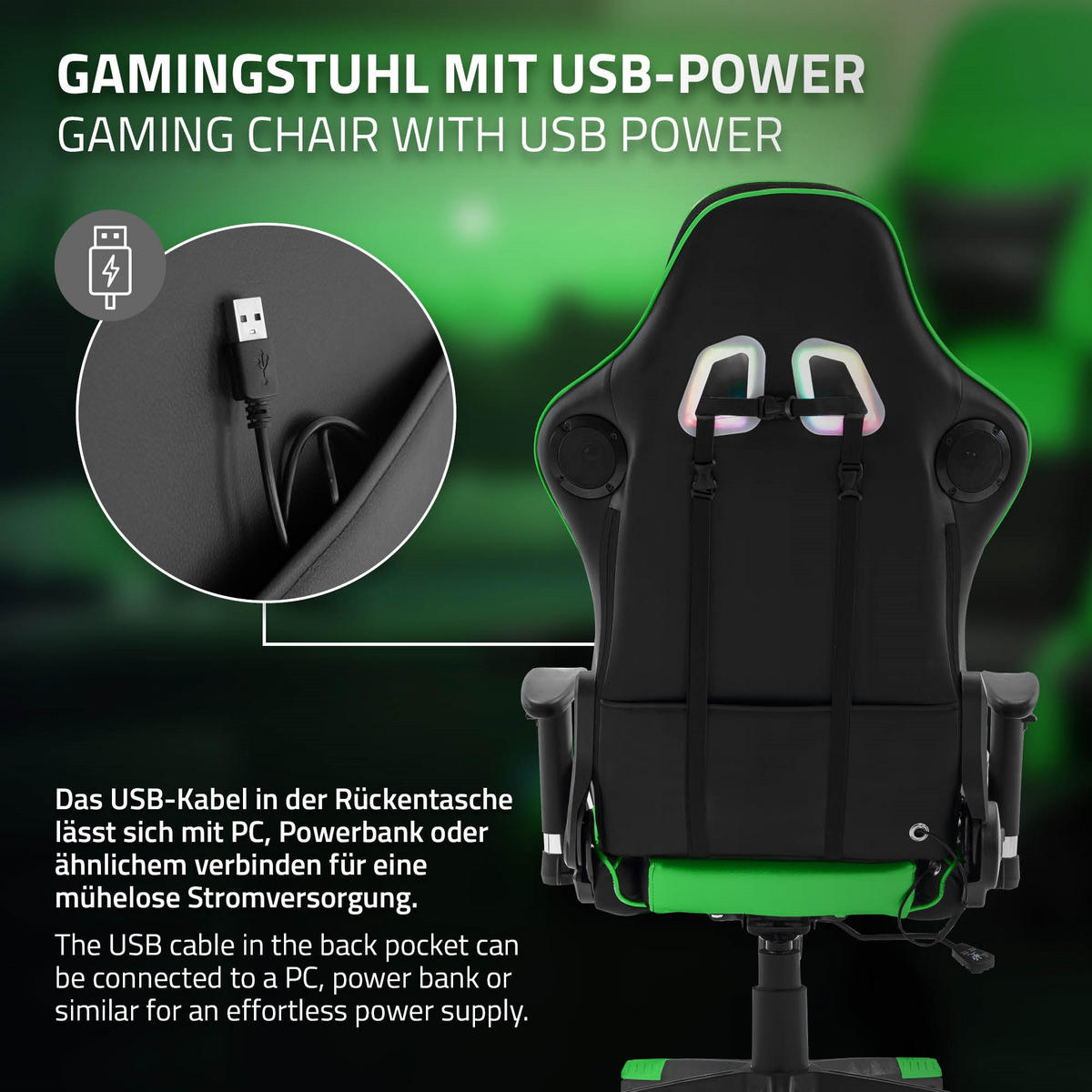 GAMINGSTUHL mit RGB Licht und Lautsprecher, Grün, aus Kunstleder - Schwarz/Grün, Kunststoff/Metall (68/132/66cm) - ML-DESIGN