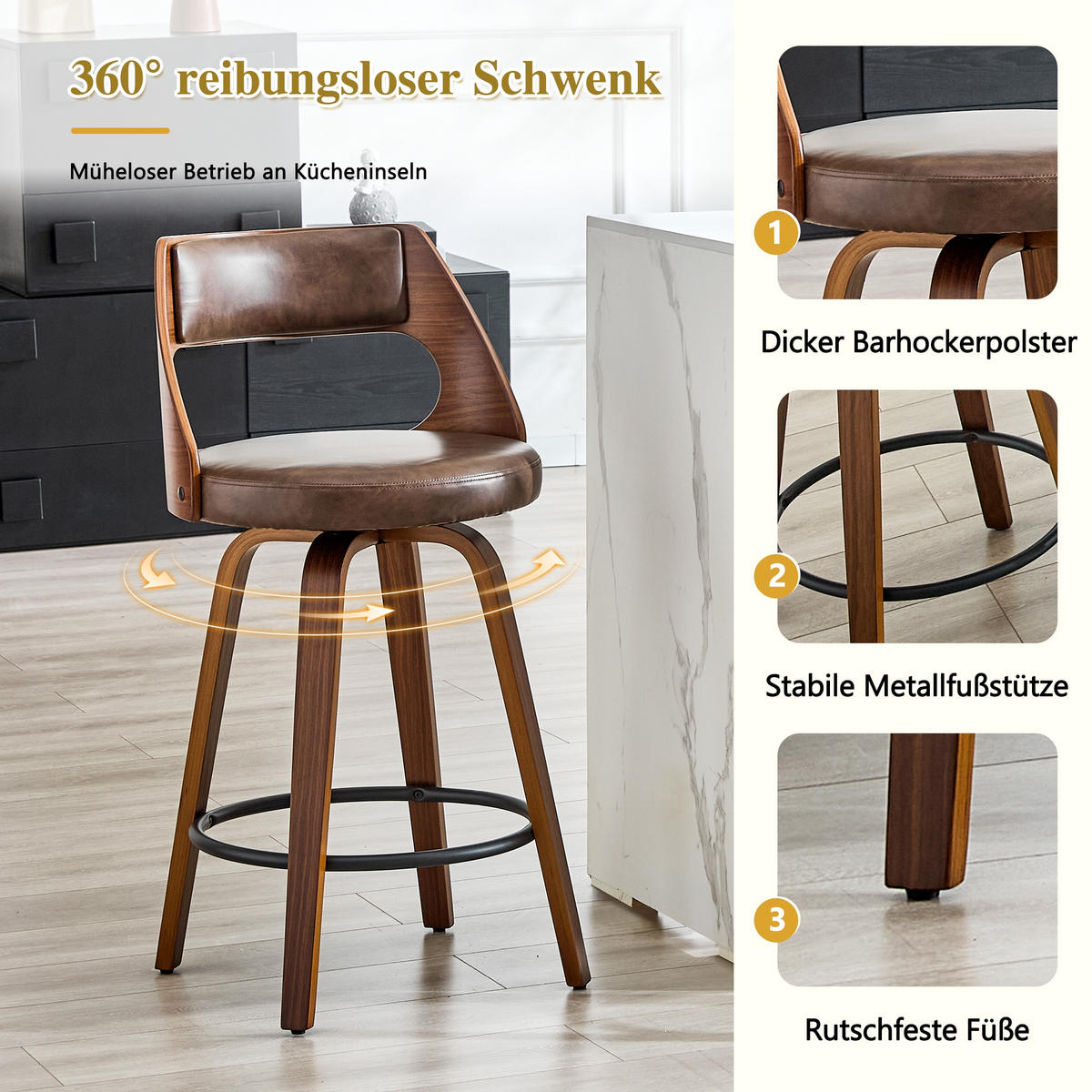BARHOCKER Braun 2er-Set mit Holzgestell PU-Leder und Rückenlehne - Braun, Holz (47/92/47cm) - PANGIVO
