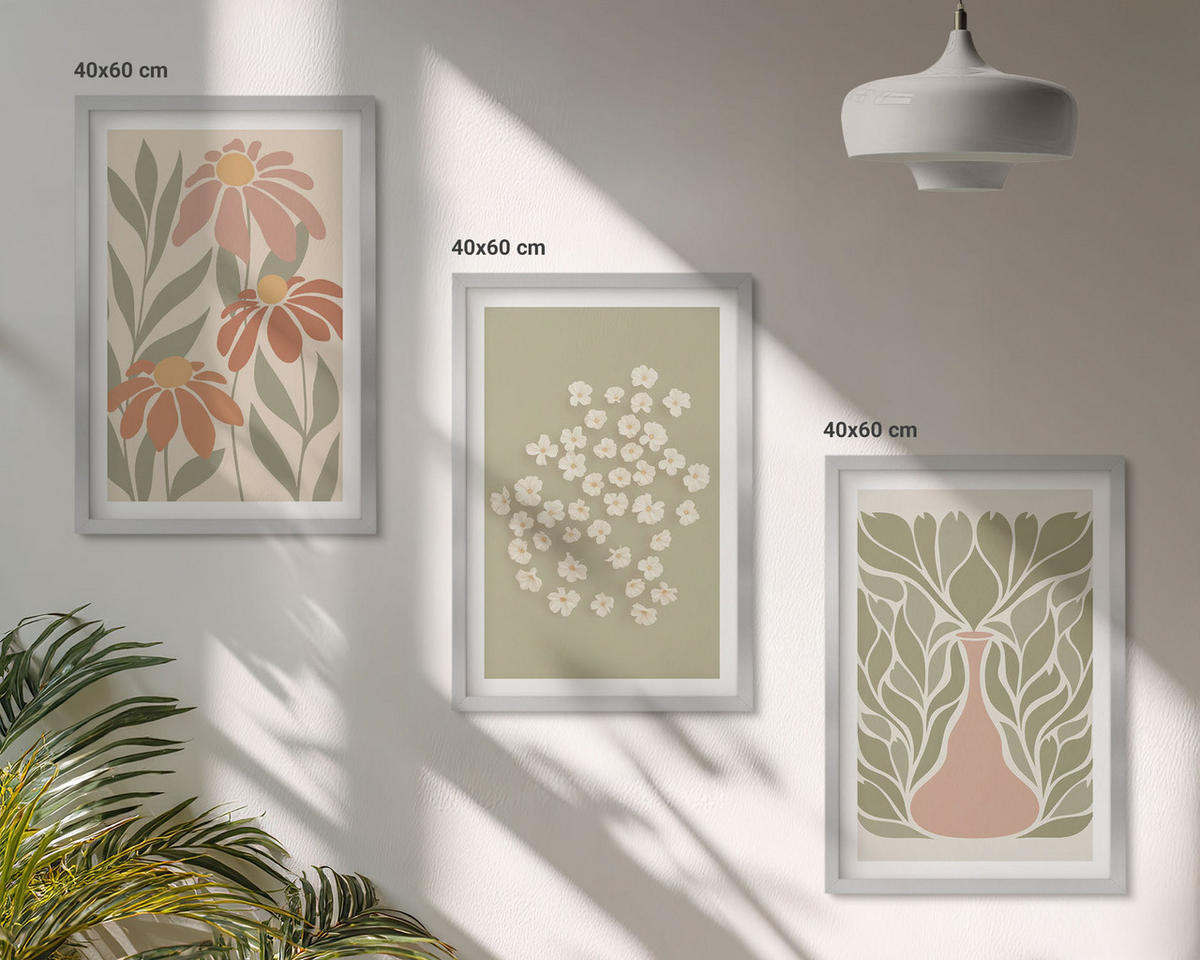 BILDER SET 3er Set - 40x60 cm Silberner Rahmen - Florale Boho-Muster - Silberfarben, Kunststoff (40/60cm) - TULUP