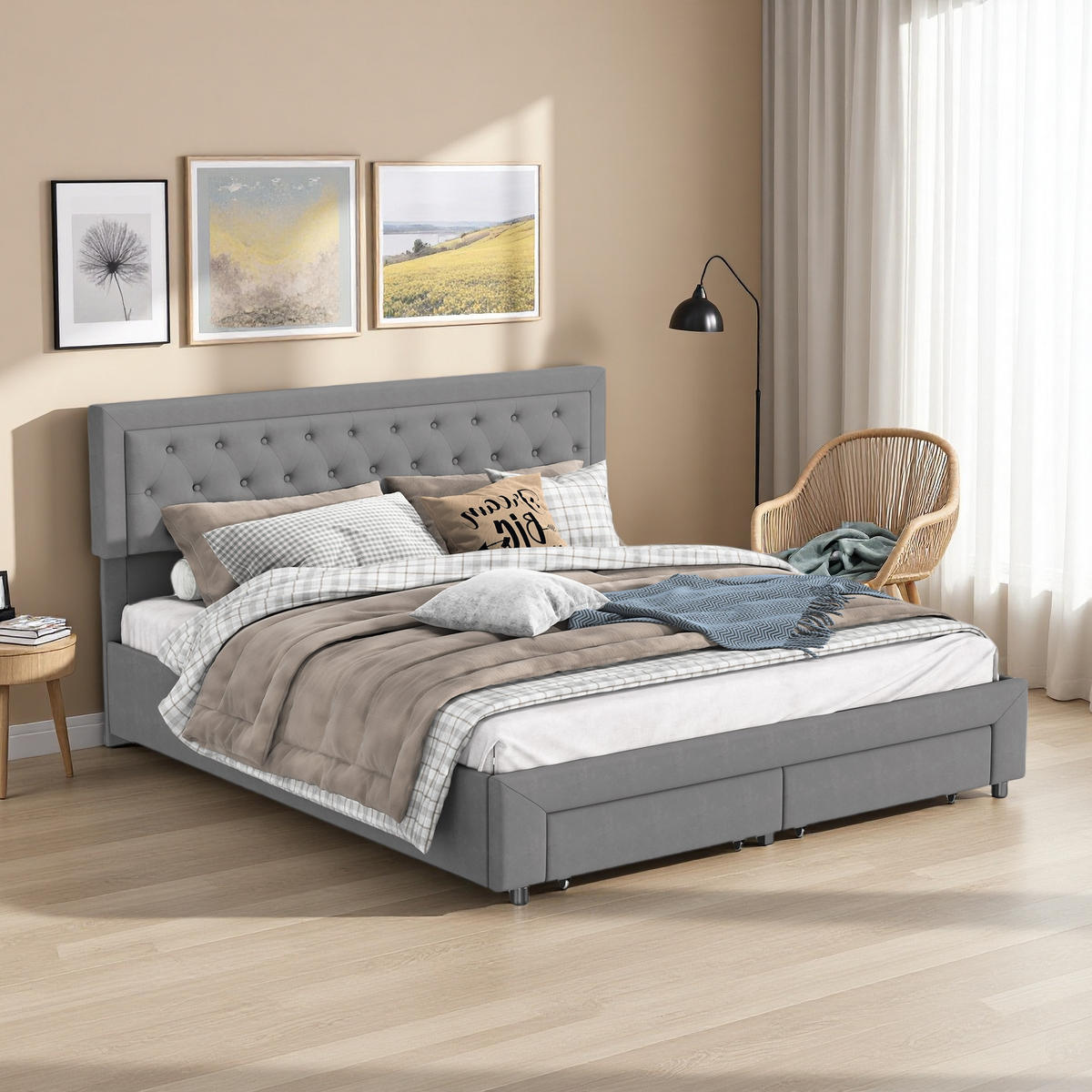 STAURABETT 160x200 Grau Samt mit Schubladen - Grau, Holzwerkstoff (160/200cm) - SHOPENTRA