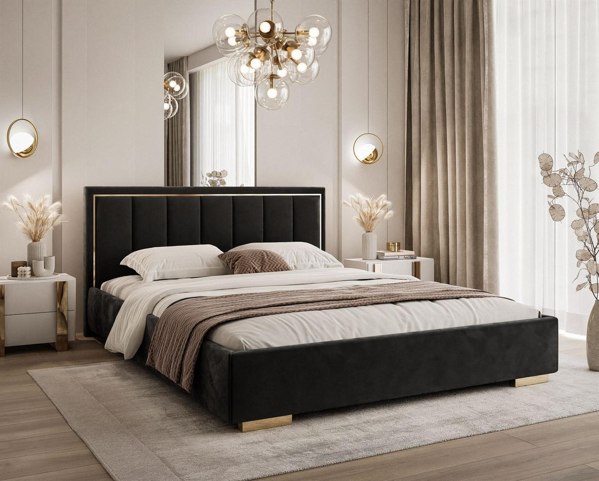 POLSTERBETT AURELIA 140x200 mit Stauraum für Bettwäsche und Rahmen Jasmine 100 - Schwarz, Textil (140/200cm) - Lookway