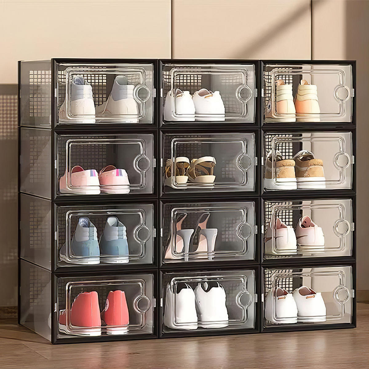 SCHUHBOXEN 12er-set 33x23x14cm aus Kunststoff in Schwarz - Einfacher doppelrahmen klappbarer mehrschichtiger Aufbewahrungsständer - Schwarz, Kunststoff (23/14/23cm) - Livingandhome