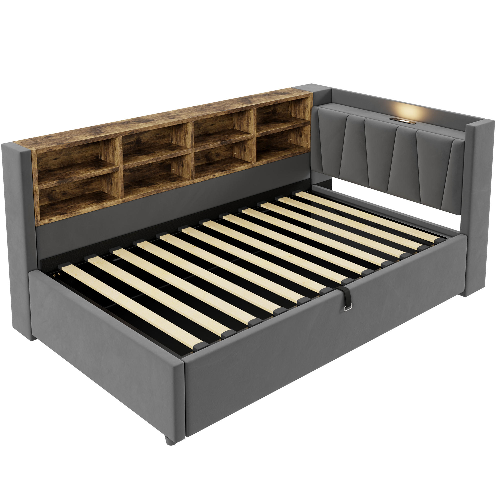 STAURRAUMBETT 90/200 cm DE-02067, in Dunkelgrau, mit Sofafunktion, USB-C und Hydraulik - Dunkelgrau, Metall (90/200cm) - ComfortXL