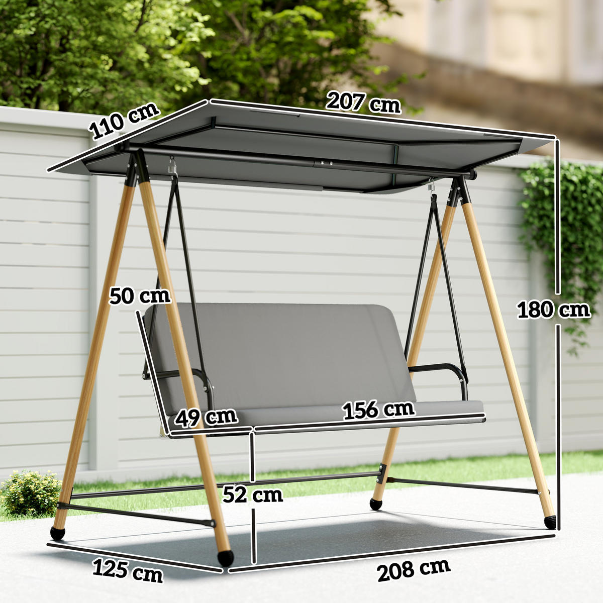 HOLLYWOODSCHAUKEL Grau 208/125/180 cm - Grau, Metall (208/180/125cm) - PANGIVO