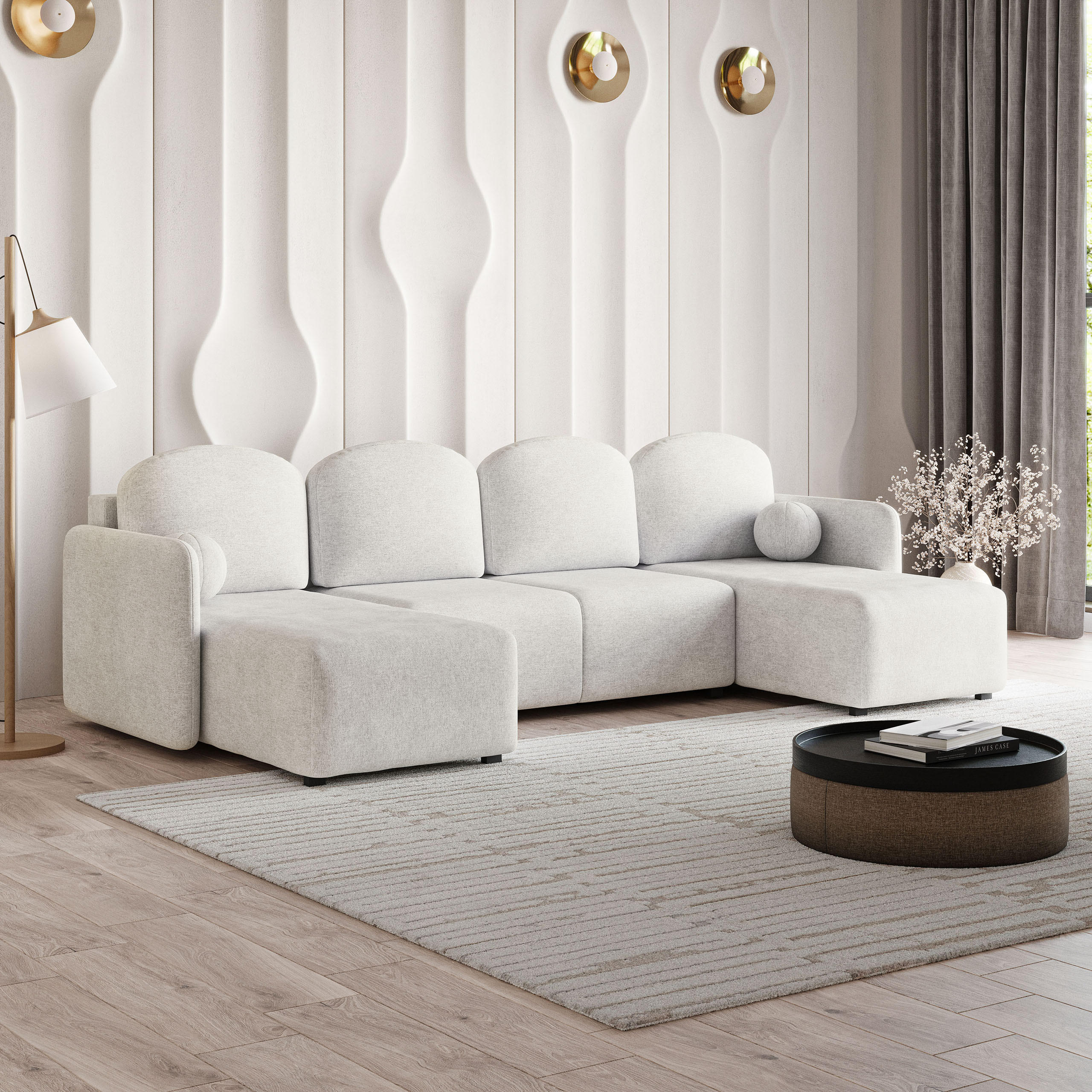 WOHNLANDSCHAFT NUBERO Creme Geflochtener Stoff mit Schlaffunktion - Creme, Holz (285/85/143cm) - MASSENO