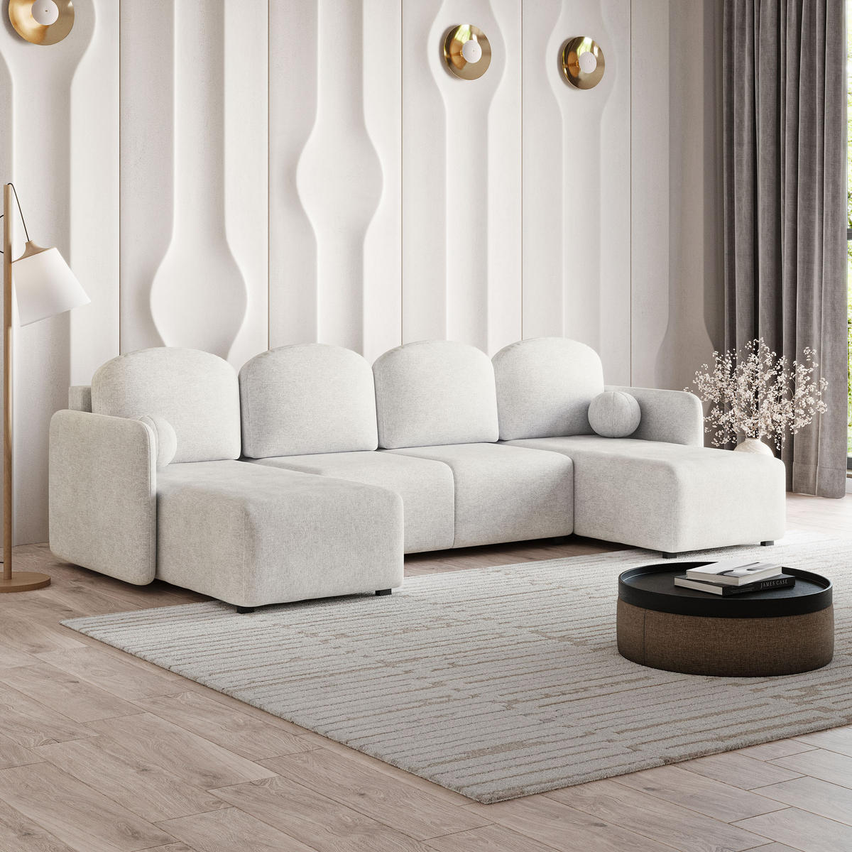 WOHNLANDSCHAFT NUBERO Creme Geflochtener Stoff mit Schlaffunktion - Creme, Holz (285/85/143cm) - MASSENO