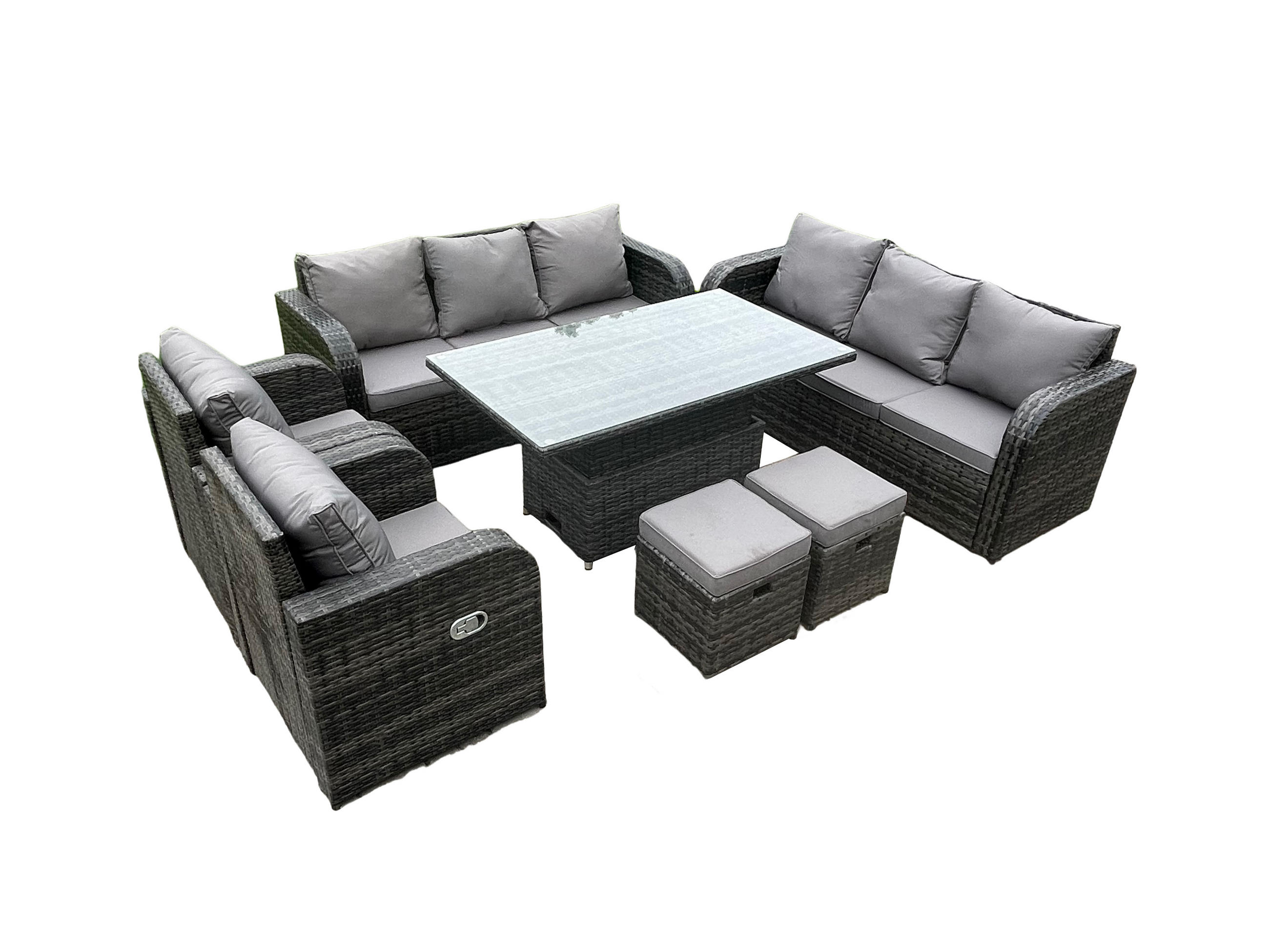 SITZGRUPPE GARTENSET Polyrattan Outdoor 10-Sitzer - Dunkelgrau/Grau, Glas/Kunststoff - Fimous