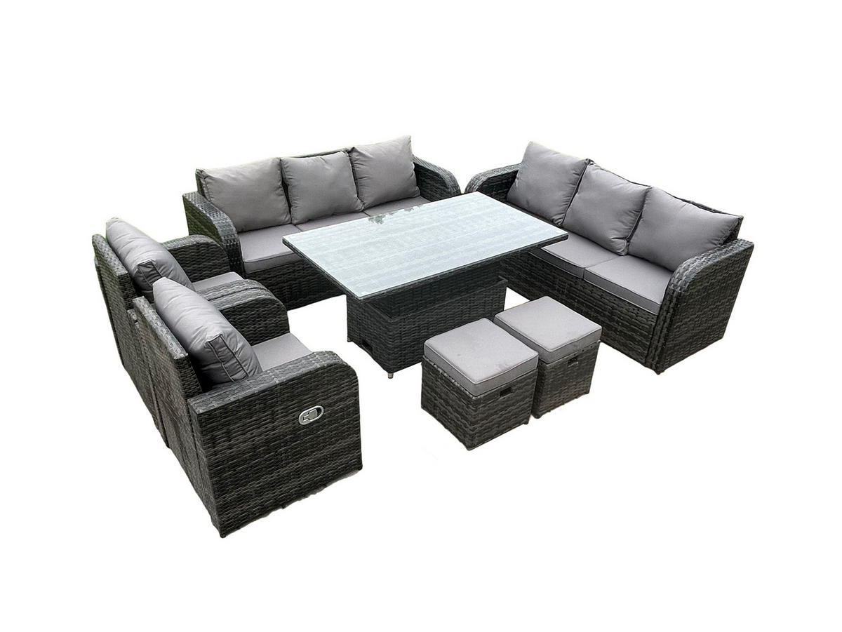SITZGRUPPE GARTENSET Polyrattan Outdoor 10-Sitzer - Dunkelgrau/Grau, Glas/Kunststoff - Fimous