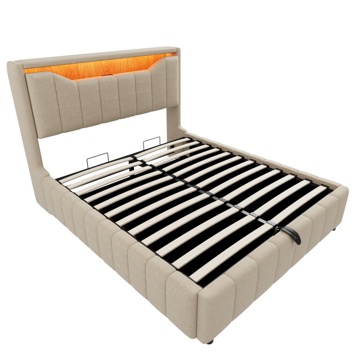 POLSTERBETT 140x200 cm in Beige mit hydraulischem Stauraum, LED und USB-/USB-C-Anschlüssen - Beige, Textil (140/200cm) - IVMEU