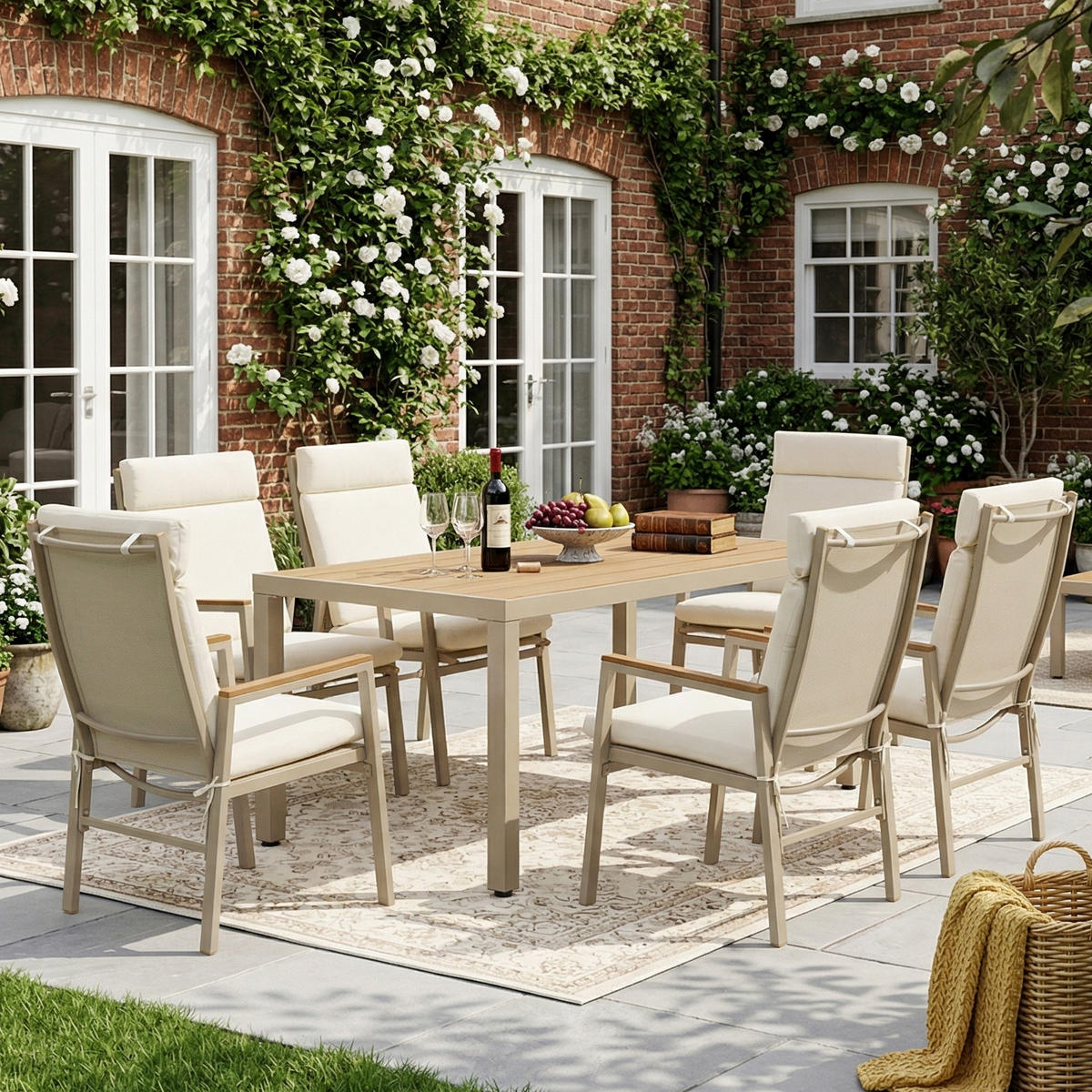 DINING-LOUNGESET für 6 Personen, bestehend aus 1 Tisch und 6 Stühlen - Beige, Textil - Coonoor
