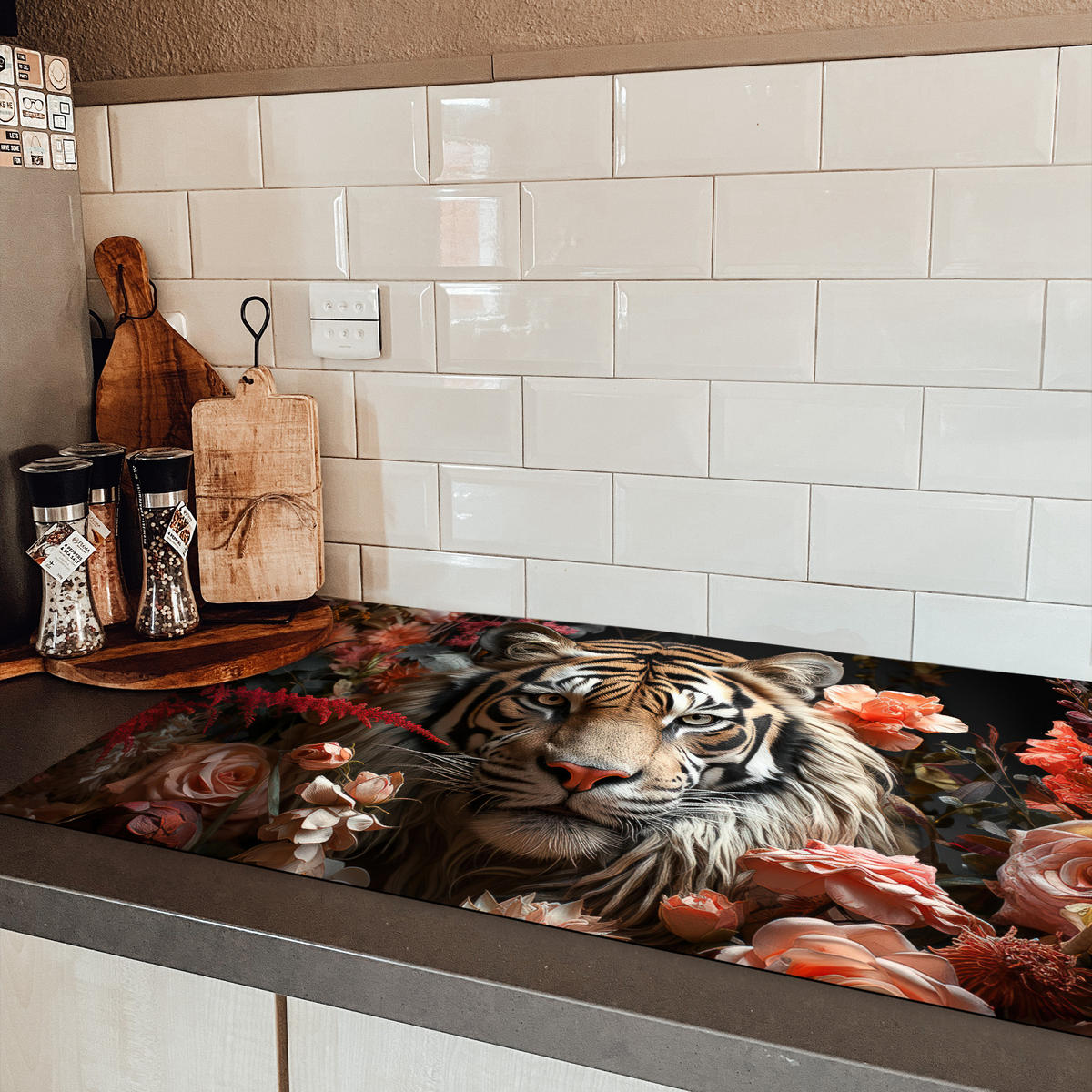 HERDABDECKPLATTE Tiger - Tier - Natur - Floral - Botanisch Induktionsschutz 91.6x52.7 cm - Orange, Kunststoff (91.6/52.7/0.2cm) - MuchoWow