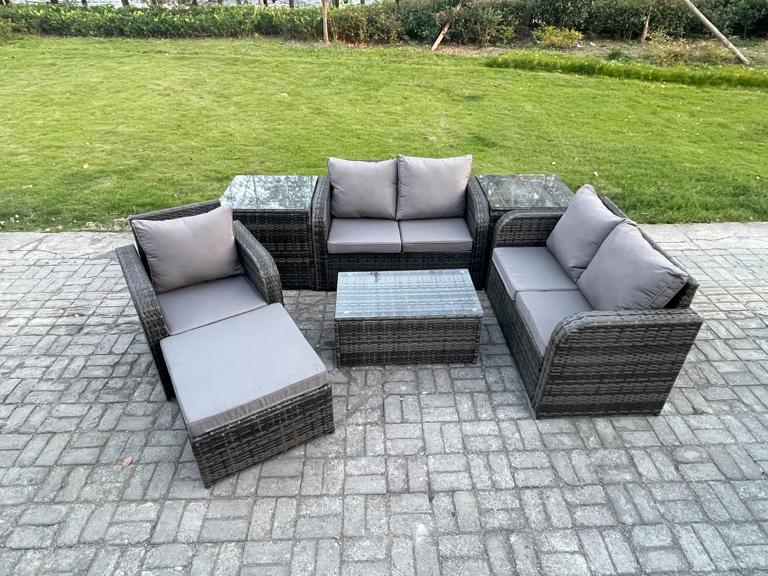 LOUNGESOFA-SET Polyrattan Dunkelgrau 6-Sitzer - Dunkelgrau, Metall - Fimous