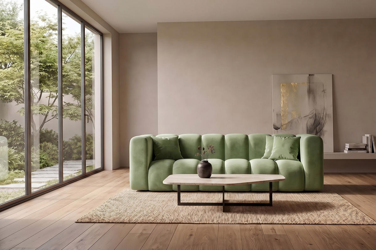 SOFA 3-Sitzer Modulares, Velvet-Stoff Riviera, Olive, GRAND - Olivgrün, Holz (230/70/89cm) - Kaiser Möbel