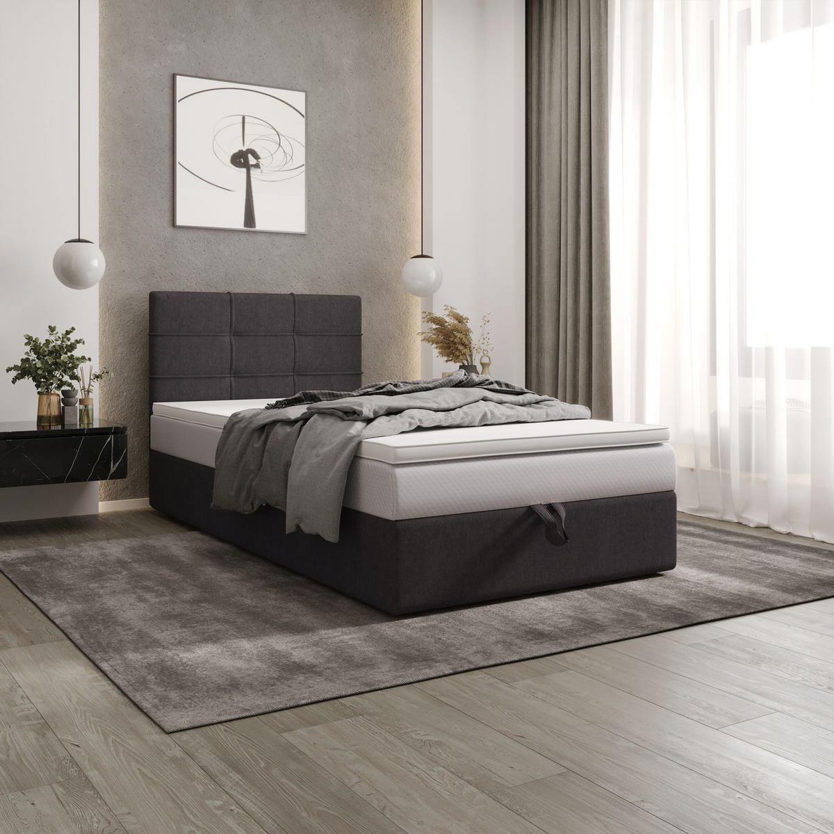 BOXBETT DUO 2 100x200 Cosmic 97, mit Matratze H3, Bonell und Topper, Grau - Grau, Holz/Kunststoff (100/200cm) - Bedante