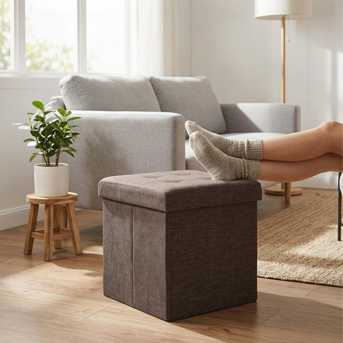 SITZHOCKER Braun Leinen faltbar Stauraum - Braun, Holzwerkstoff/Textil (38/38/38cm) - Relaxdays