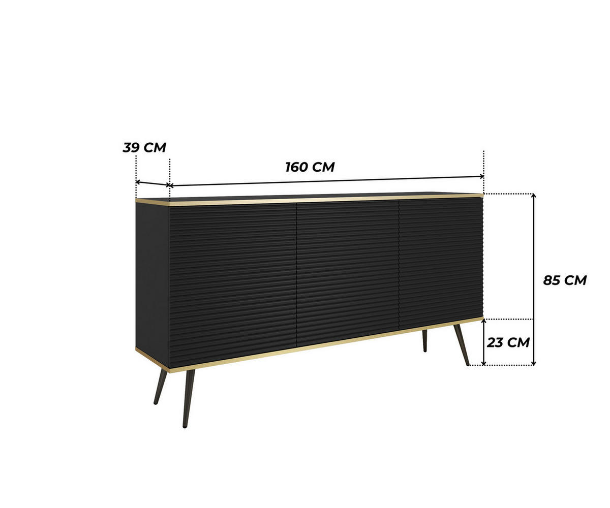 KOMMODE FORNO (Schwarz, Rillenfront, Goldene Details, 3 Türen, schwarze Metallfüße, 160 cm) - Schwarz, Holz/Holzwerkstoff (160/85/39cm) - Ravio