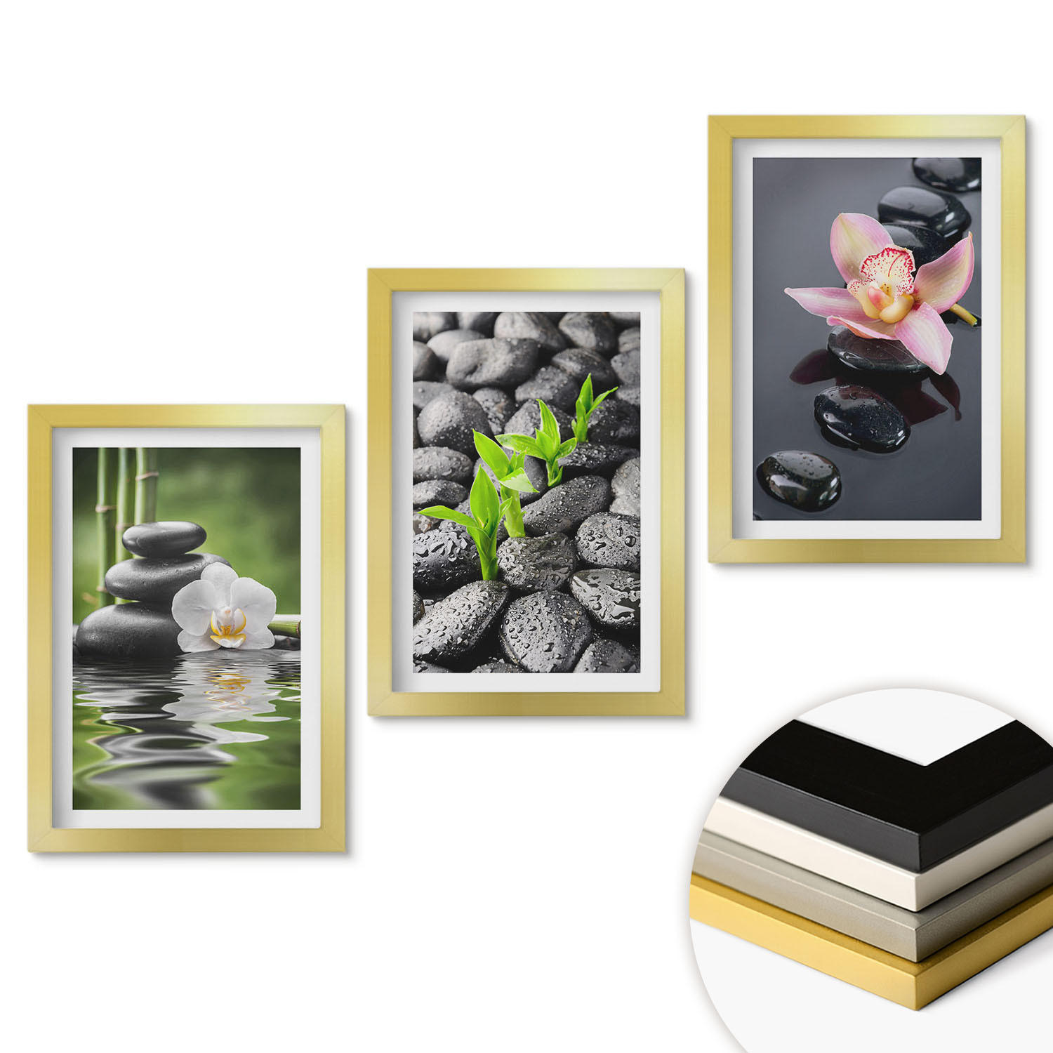 WANDBILDER 3er Set - 20x30 cm Goldrahmen - Eine ruhige Zen-Komposition aus Blumen und Wasser - Goldfarben, Kunststoff (20/30cm) - ArtPrintCave