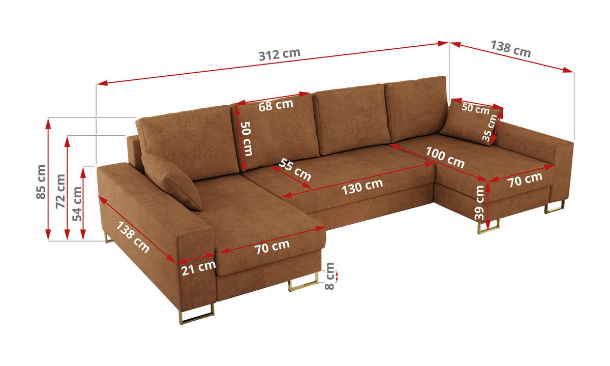 WOHNLANDSCHAFT DORIAN U Struktur Orange - Goldfarben/Orange, Textil/Metall (312/85/138cm) - MKS