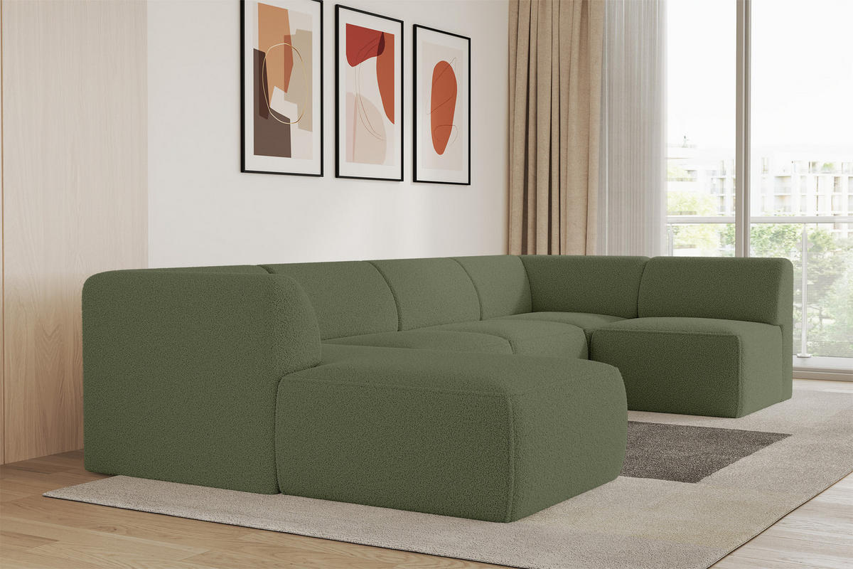WOHNLANDSCHAFT Ottomane Links MOVO-L 345x180x78 cm Grün Bouclé - Dunkelgrün, Holzwerkstoff/Kunststoff (345/78/180cm) - ALTDECOR