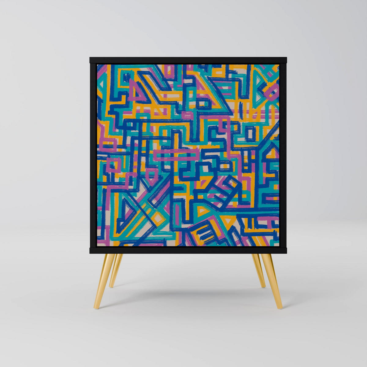 SIDEBOARD MEMORIES MAP, Schwarz, 57,5x42x67,5 cm, Schwarze Metall-Rahmenfüße - Multicolor/Schwarz, Holzwerkstoff/Metall (57.5/67.5/42cm) - SpaceRebels