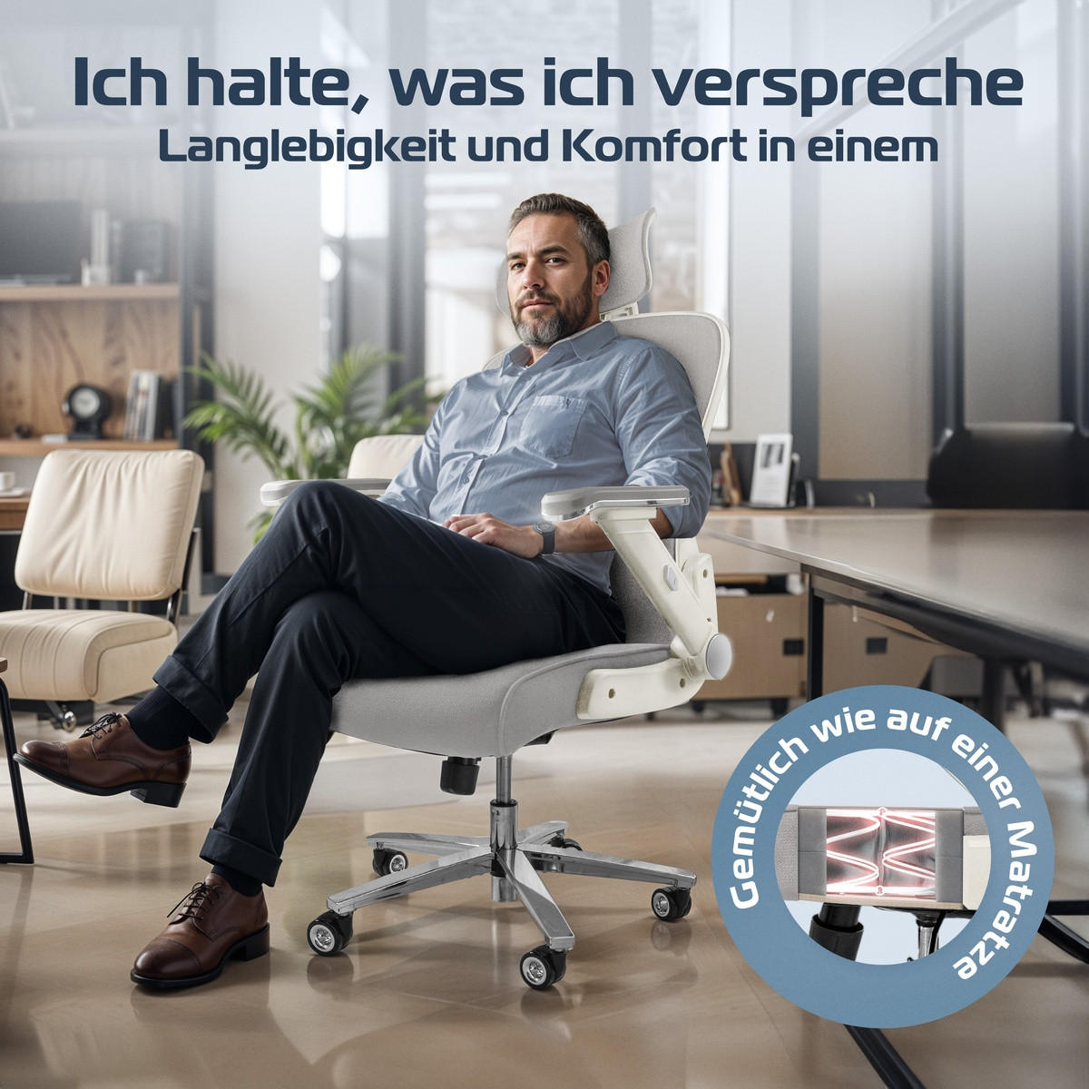BÜROSTUHL PowerSeat Creme-Weiß - Beige/Silberfarben, Kunststoff/Textil (74/135/74cm) - Clouvou