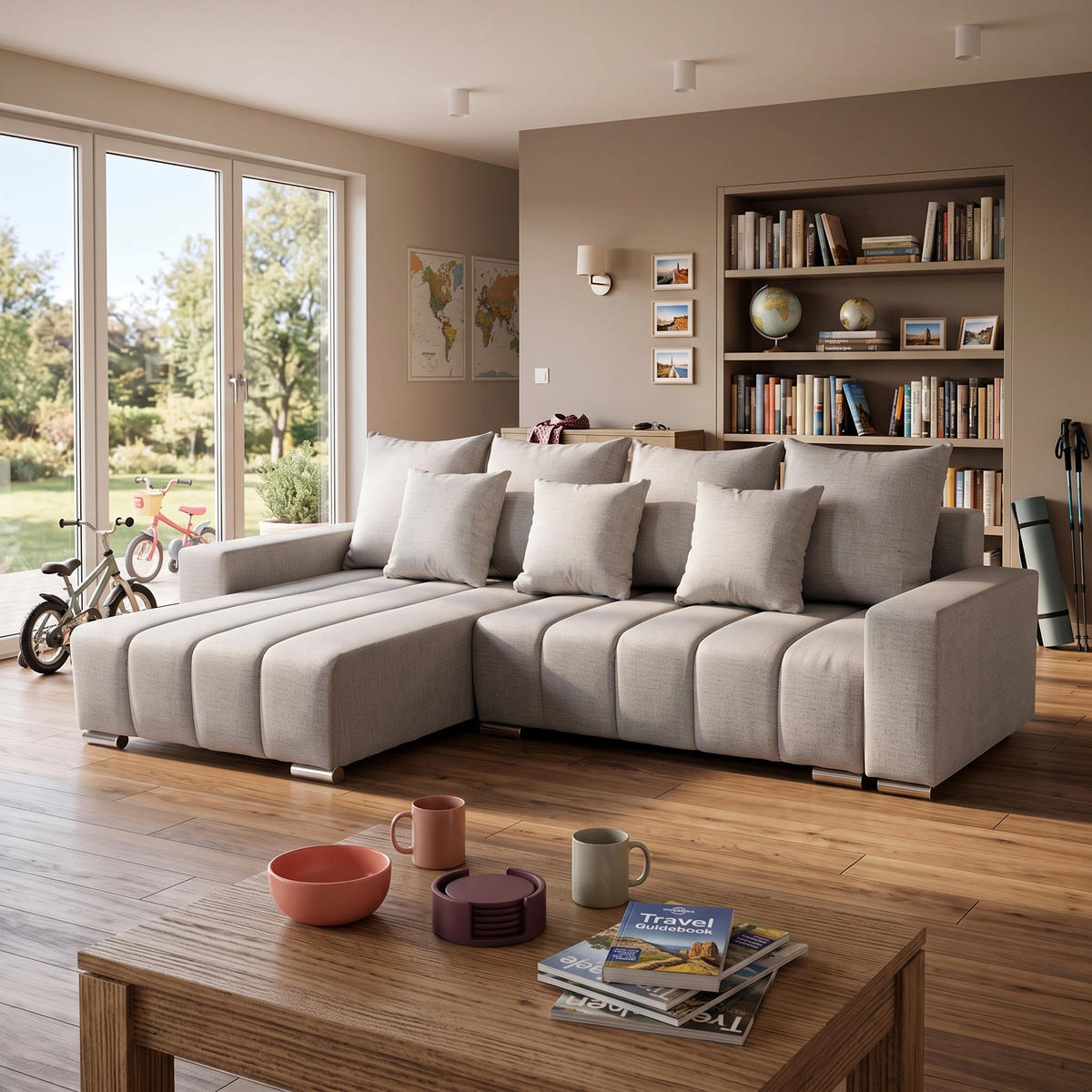 ECKSOFA Piano L Links mit Schlaffunktion 137x234 Velours Beige - Beige/Silberfarben, Holz/Textil (278/178cm) - Muffo