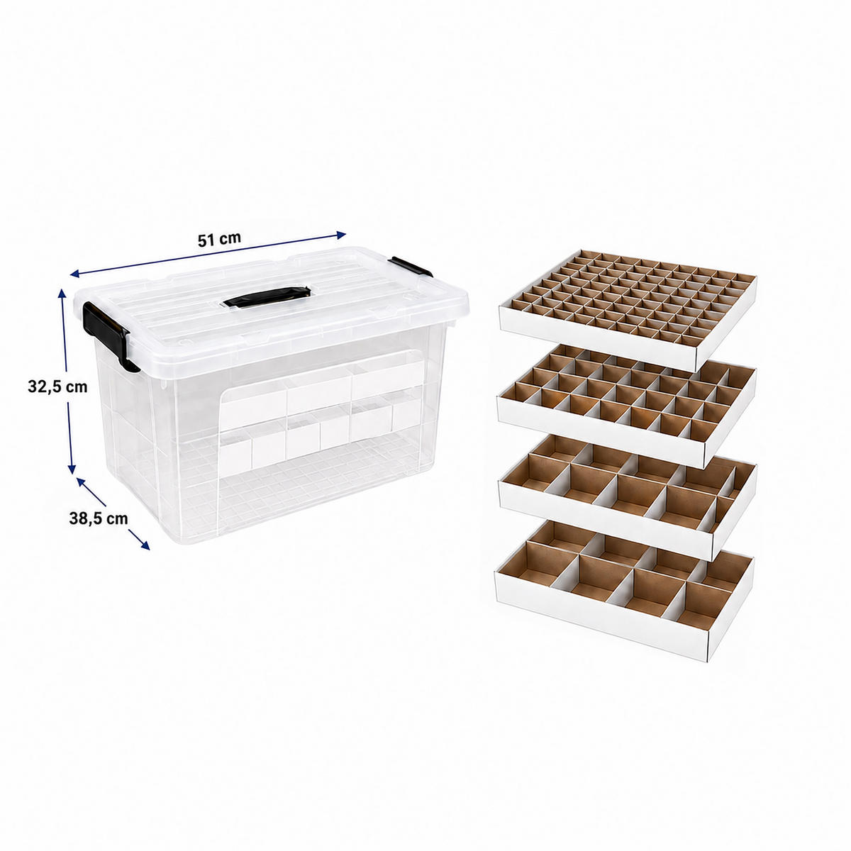 ÚLOŽNÁKRABICE Transparentní 55 l s přihrádkami - průhledná, plast/vlnitá lepenka (51/32.5/38.5cm) - Relaxdays