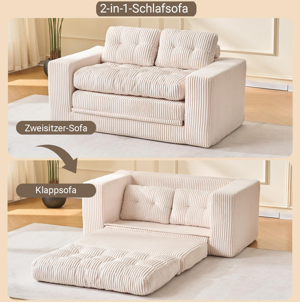 SCHLAFSOFA 2-in-1 rahmenloser Zweisitzer Cord Beige - Beige, Holzwerkstoff (85/54/140cm) - Meubliv