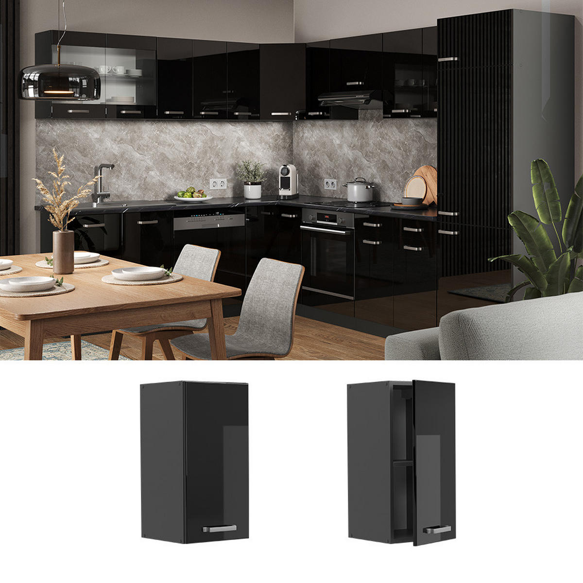 HÄNGESCHRANK R-Line Schwarz Hochglanz 30 cm - Schwarz Hochglanz/Anthrazit, Holzwerkstoff (30/60/31cm) - Vicco